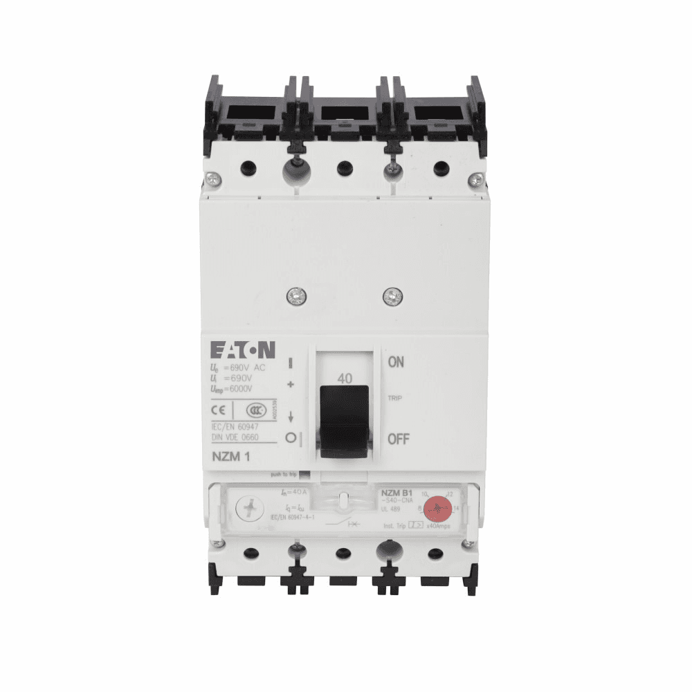 Eaton NZMB1-AF90-NA NZMB1-AF90-NA Eaton - Eaton Series NZM complete molded case circuit breaker, NZM1-frame, NZMB1, Thermal-magnetic trip, 600-1000A trip rating, Three-pole, 90A, 480 Vac, 25 kAIC, Distribution circuit protection, Rocker lever, 90-90A, Front frame clamp, 90-90A