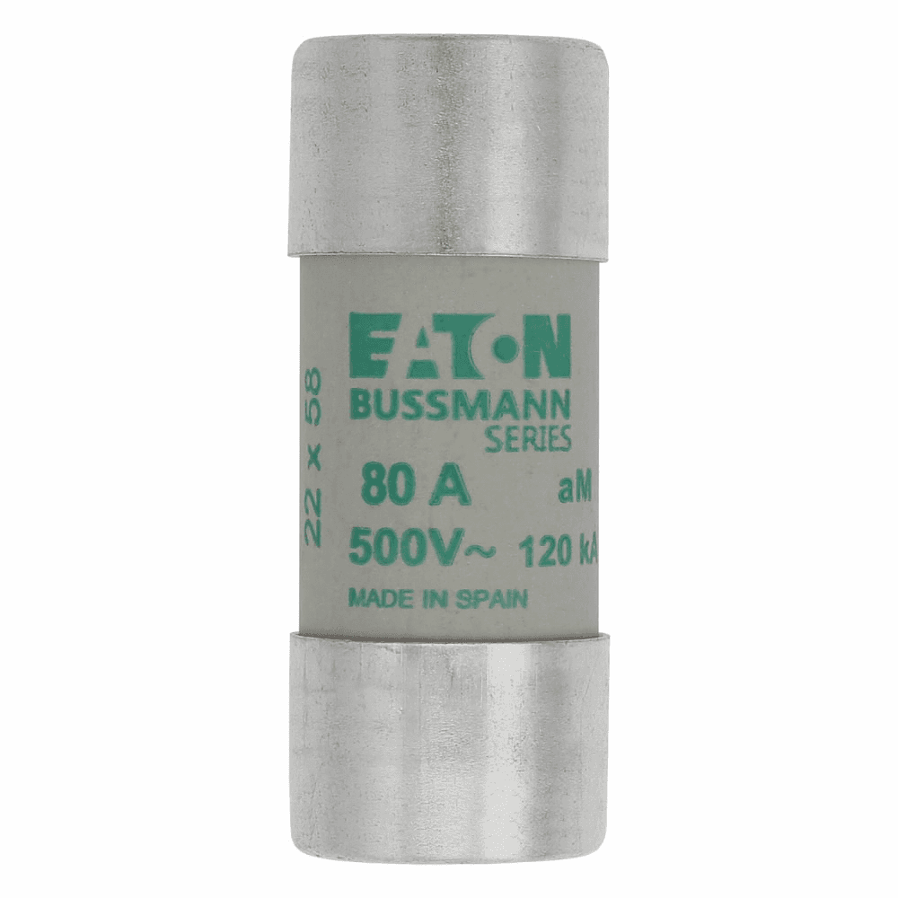 Cooper Bussmann C22M80 C22M80 Cooper Bussmann - Eaton Bussmann series low voltage 22 x 58 mm cylindrical/ferrule fuse, rated at 500 Volts AC, 80 Amps, 120 kA Breaking capacity, class aM, without indicator, compatible with a CH22 Modular fuse holder