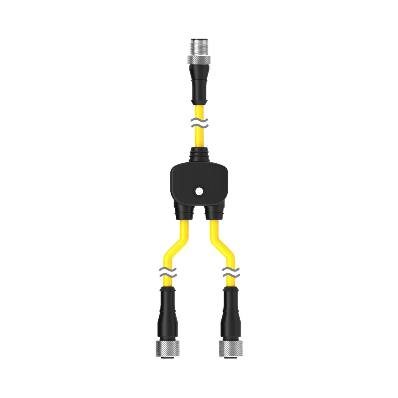 Banner CSB-M12525M1251 Banner Engineering CSB-M12525M1251 is a Y-shaped splitter cable designed for splitting connections within automation systems. It features a 5-pin Euro-style M12 male quick disconnect (QD) connector on a 25-foot (7.6 meters) trunk. The splitter branches into two 1-foot (30 centimeters) sections, each ending with a 5-pin Euro-style M12 female QD connector, facilitating the extension and branching of connections from a single source to multiple devices.