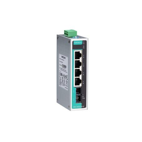 Moxa EDS-205A-S-SC Unmanaged Ethernet switch with 4 10/100BaseT(X) ports, 1 100BaseFX single-mode port with SC connector, -10 to 60°C operating temperature