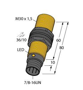 Turck BI10-P30-RZ3X-B2131/S100 Inductive Sensor, With Increased Temperature Range, Rated switching distance 10 mm, Flush, Threaded barrel, M30 x 1.5, Plastic, PA12‐GF30, Temperatures up to +100 °C, AC 2-wire, 20…250 VAC, DC 2-wire, 10…300 VDC, NC contact, 7/8" male connector