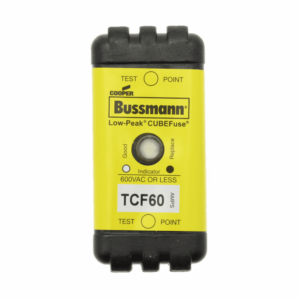 Cooper Bussmann TCF60 TCF60 Cooper Bussmann - Eaton Bussmann series TCF fuse, Finger safe, 600 Vac/300 Vdc, 60A, 300 kAIC at 600 Vac, 100 kAIC at 300 Vdc, Indicating, Time delay, inrush current withstand, Class CF, CUBEFuse, Glass filled PES