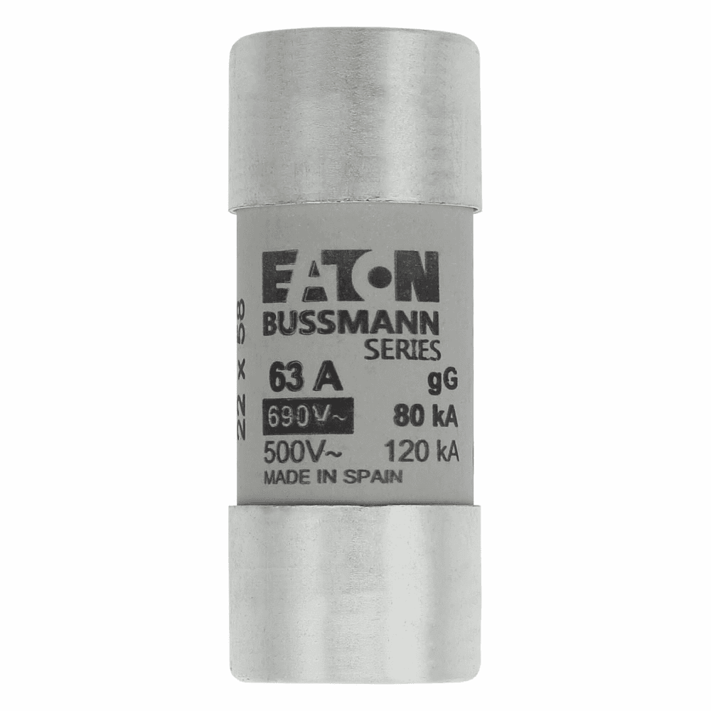 Cooper Bussmann C22G63 C22G63 Cooper Bussmann - Eaton Bussmann series low voltage 22 x 58 mm cylindrical/ferrule fuse, rated at 690 Volts AC, 63 Amps, 80 kA Breaking capacity, class gG/gL, without indicator, compatible with a CH22 Modular fuse holder