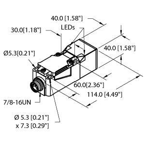 Turck BI15-CP40-VP4X2-B1141 Inductive Sensor, Rated switching distance 15 mm, Flush, Rectangular, height 40 mm, Variable orientation of active face in 9 directions, Plastic, PBT-GF30-VO, High-luminance corner LEDs, Optimum view of operating voltage and switching state from any position, DC 4-wire, 10…65 VDC, Changeover contact, PNP output, 7/8 male connector, "