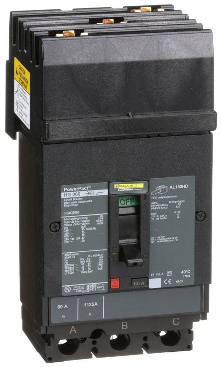 Schneider Electric HGA36060 Square D by Schneider Electric HGA36060 is a Moulded Case Circuit Breaker (MCCB) from the PowerPacT HGA sub-range, designed with a PowerPact H-Frame 150 TMD 3P 60A 600Vac/500Vdc 18kA I-line ABC 80% rated. It features a 3-pole (3P) configuration and offers thermal protection for overload and magnetic protection for short-circuit scenarios. The rated current is 60A, with a rated insulation voltage (Ui) of 750 V and rated voltages of 600Vac 600Y/347Vac for AC and 500Vdc for DC. This breaker mounts on I-line with line side isolated plug-on jaws plus a mechanical I-Line bracket mechanism, ensuring a robust attachment. It has a net height of 163 mm, a width of 104 mm, and a depth of 86 mm. The degree of protection is IP40, and it operates manually via a toggle. Protection settings include over-current fixed at 60A, short-circuit hold current fixed at 800A, and short-circuit trip current fixed at 1450A. The rated operating voltage (Ue) is 690 V, with a rated impulse voltage (Uimp) of 8 kV. The trip current rating is 60 AT, with a frame current rating of 150 AF. Its short circuit breaking rating varies by voltage, including 65kA at 240Vac, 35kA at 480Vac and 480Y/277Vac, 18kA at 600Vac and 600Y/347Vac, and 20kA at 250Vdc and 500Vdc, all under UL489. The trip unit type is thermal-magnetic (fixed), with no display, and it falls under utilisation category A.