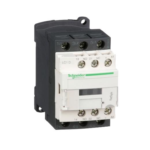 Schneider Electric LC1D186BD Schneider Electric LC1D186BD is a magnetic contactor from the Deca sub-range, designed with ring-lugs connections and three poles (3P; 3NO). It has a rated current of 32A for AC-1 and 18A for 440Vac in AC-3 conditions. This contactor is suitable for DIN rail mounting and has a net width of 45 mm. It offers a degree of protection rated at IP20 and operates with a control voltage (DC) range of 18-30Vdc, nominally at 24Vdc. The rated operating voltage (Ue) is up to 690 V, and it features 1 normally open (NO) auxiliary contact. The rated impulse voltage (Uimp) is 6 kV. Its rated active power ranges from 4kW at 220-230Vac to 10kW at 660-690Vac in AC-3 conditions. Additionally, it includes 1 normally closed (NC) auxiliary contact with contacts type of 1NO+1NC instantaneous aux. The rated power in horsepower (HP) varies from 1HP at 115Vac in single-phase to 15HP at 575-600Vac in three-phase, under UL/CSA standards. The mechanical durability of the LC1D186BD is up to 15 million operations at no load, and its electrical durability with load reaches 1.6 million operations. The rated voltage for phase-to-phase connections is 690 V.