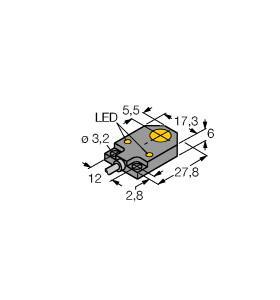 Turck BI3-Q06-AP6X2 Inductive Sensor, Rated switching distance 3 mm, Cable length (L) 2 m, Flush, Rectangular, height 6 mm, Active face on top, Plastic, PA12‐GF30, DC 3-wire, 10…30 VDC, NO contact, PNP output, Cable connection