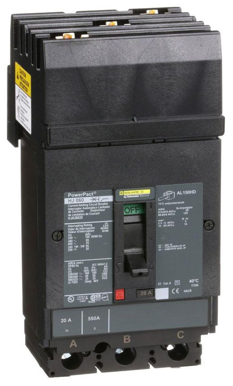 Schneider Electric HJA36020 Square D by Schneider Electric HJA36020 is a Moulded Case Circuit Breaker (MCCB) within the PowerPacT HJA sub-range, featuring a PowerPact H-Frame 150 TMD design. It is a 3-pole (3P) device with a rated current of 20A and offers both thermal protection for overload and magnetic protection for short-circuit scenarios. This MCCB has an I-line connection suitable for ABC phases and is designed for mounting on I-line with line side isolated plug-on jaws plus a mechanical I-Line bracket mechanism. It has a rated insulation voltage (Ui) of 750 V, with AC rated voltages of 600Vac and 600Y/347Vac, and a DC rated voltage of 250Vdc. The device's dimensions are 163 mm in height, 104 mm in width, and 86 mm in depth, with a degree of protection rated at IP40. It operates manually via a toggle and has fixed protection settings for over-current at 20A, short-circuit hold current at 350A, and short-circuit trip current at 750A. The rated operating voltage (Ue) is 690 V, with a rated impulse voltage (Uimp) of 8 kV. The trip current rating is 20 AT, with a frame current rating of 150 AF. Its short circuit breaking rating varies by voltage, with 100kA at 240Vac, 65kA at 480Vac and 480Y/277Vac, 25kA at 600Vac and 600Y/347Vac, and 20kA at 250Vdc, all according to UL489 standards. The trip unit type is thermal-magnetic (fixed), without a display, and it falls under utilisation category A.