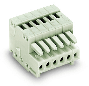 WAGO 733-110 WAGO 733-110 is a connector part of the MCS - MULTI CONNECTION SYSTEM, designed without breaking capacity as specified in DIN EN 61984, indicating it should not be connected or disconnected under load or when live. It adheres to IEC/EN 60664-1 standards, with nominal voltages of 100V (III/3), 160V (III/2), and 320V (II/2), rated impulse voltages of 2.5kV for both III/2 and III/3 categories, and a rated current of 6A. UL and CSA approvals are noted, with a rated voltage of 150V and rated current of 4A for both standards under Use Group B. The connector features 10 connection points, supports a single connection type across one level, and utilizes CAGE CLAMP technology. It accommodates solid and fine-stranded conductors ranging from 0.08 to 0.5mm2 (28 to 20 AWG), with specific sizes for ferruled conductors. The strip length requirement is 5 to 6mm, and the pole number is 10. Physical dimensions include a pin spacing of 2.5mm, width of 27.1mm, height of 11.8mm, and depth of 17.1mm. It offers variable coding, anti-rotation protection, and is designed as a female connector/socket for conductor connection, with mismating protection but no locking mechanism. The light gray connector is made from Polyamide (PA66), with a flammability class of UL94 V0, and uses Chrome-Nickel spring steel for the clamping spring and a copper alloy with tin plating for contacts. It operates within a temperature range of -60 to +100°C, has a fire load of 0.076MJ, and weighs 4.3g. Packaged in boxes of 100 pieces, it is manufactured in Germany, RoHS compliant without exemptions, and carries a GTIN of 4044918294201 with a customs tariff number of 85366990990.