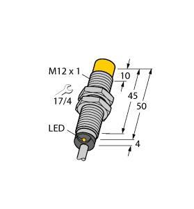 Turck NI8U-M12-AP6X Inductive Sensor, Rated switching distance 8 mm, Cable length (L) 2 m, Non-flush, M12 × 1 threaded barrel, Chrome-plated brass, Factor 1 for all metals, Protection class IP68, Resistant to magnetic fields, Extended temperature range, High switching frequency, DC 3-wire, 10…30 VDC, NO contact, PNP output, Cable connection