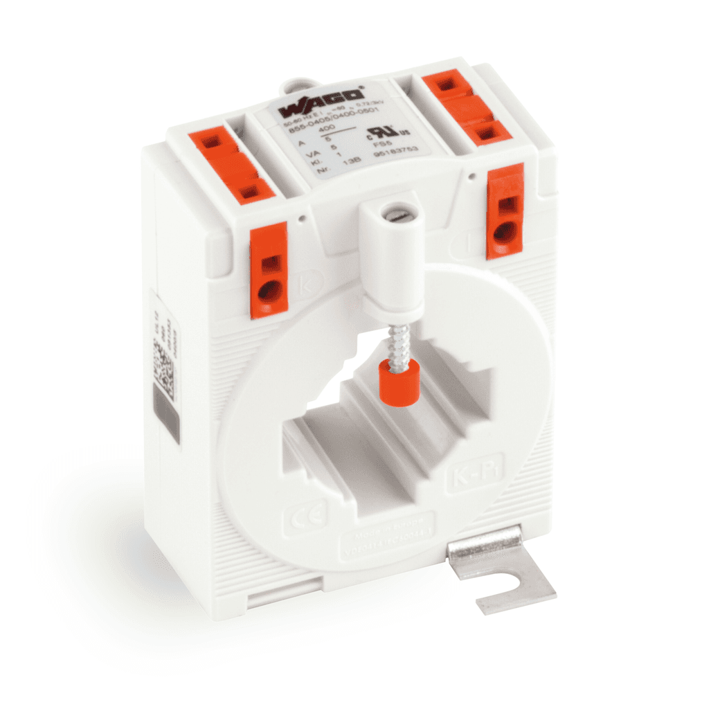 WAGO 855-405/750-501 Wago 855-405/750-501 is a measurement current transformer (CT) designed for precise current measurement within electrical systems. It features CAGE-CLAMP spring connections for secure and maintenance-free wiring. The part is specified with a design of 750/5A, indicating its capability to transform high currents to a lower, manageable level of 5A with a rated power of 5 VA. This current transformer operates effectively within an ambient air temperature range for operation of -5°C to +50°C and has a storage temperature range of -25°C to +70°C. It is designed to be mounted on a DIN-rail (with adapter), surface, or cable, providing flexibility in installation. The unit's dimensions are H91.15mm x W70mm x D52mm, fitting well into various setups without demanding excessive space. It operates within a type of network rated at 750 A and delivers measurement accuracy at 5 A, with a maximum current classification of Class 1 (Cl.1), ensuring precise current measurement and monitoring in electrical installations.