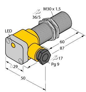 Turck BI10-G30SK-RZ3X2 Inductive Sensor, Rated switching distance 10 mm, Flush, Threaded barrel, M30 x 1.5, Short version, Chrome-plated brass, AC 2-wire, 20…250 VAC, DC 2-wire, 10…300 VDC, NC contact, Terminal chamber