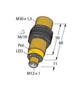 Turck BC10-S30-VP4X-H1141 Capacitive Sensor, Rated switching distance 15 mm, Flush, M30 × 1.5 threaded barrel, Plastic, PA12‐GF30, Fine adjustment via potentiometer, DC 4-wire, 10…65 VDC, Complementary contact, PNP output, M12 × 1 connector