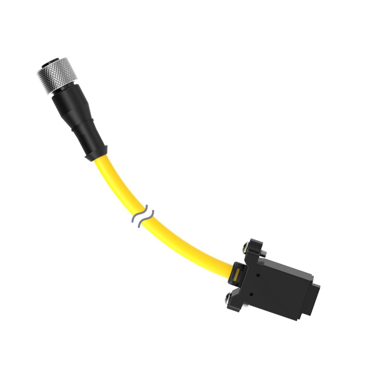 Banner DELSEF-415D Banner Engineering DELSEF-415D is a pre-assembled, double-ended cable designed for automation applications, featuring a 5-pin LS female connector on one end and a 5-pin Euro-style M12 female connector on the other. The cable is constructed with a nickel-plated brass coupling nut and PVC sheathing in yellow, ensuring durability and visibility. It has a diameter of 6mm and a length of 15ft (4.5m). This cable operates effectively within an ambient air temperature range of -20 to +55°C and offers a degree of protection rated at IP67, making it suitable for challenging environments. It is rated for a voltage of 60Vac and 75Vdc, catering to a wide range of automation tasks.