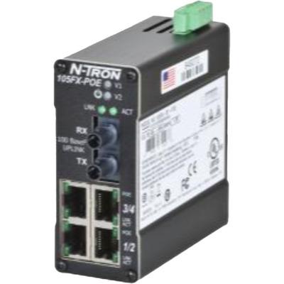 Red Lion 105FXE-ST-80-POE-MDR Red Lion 105FXE-ST-80-POE-MDR is an industrial Ethernet switch designed for robust networking applications. It features a supply voltage of 46-49Vdc with redundant power inputs and includes 4 RJ45 ports supporting 10/100BaseTX with IEEE 802.3af/at PoE+ for powering devices directly through the Ethernet cable. Additionally, it has 1 fiber optic ST connector for single-mode fiber with a rated distance of 80km, suitable for long-distance networking. The switch is housed in a metallic case designed for tall enclosure mounting on a metal DIN rail (MDR). It operates within an ambient air temperature range for storage of -40 to +85 degrees Celsius. This 5-port switch utilizes DIN rail technology and is classified under the UNSPSC code for the N-Tron 100 series.