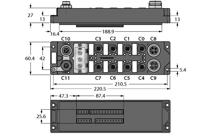 Turck FGEN-XSG16-4001-ST Compact multiprotocol I/O module for Ethernet, 16 configurable digital channels, pnp inputs / outputs 2 A, Input diagnostics per port, Output diagnostics per channel, Two freely selectable digital signals per port, , 7/8", 4-pin, for power supply, Fibre-glass reinforced PA6 housing, Vibration and shock-resistant, Encapsulated module electronics, Metal connectors, Degree of protection IP67