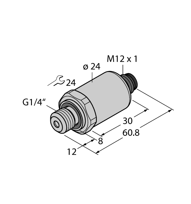 Turck PT350R-2004-I2-H1143/X Pressure Transmitter, With Current Output (2-Wire), , Fully welded metal measuring cell, Pressure range 0…350 bar rel., Pressure peak orifice, 7…33 VDC, Analog output 4…20 mA, Process connection G1/4 male thread (DIN 3852-E), Connector device, M12 × 1, "