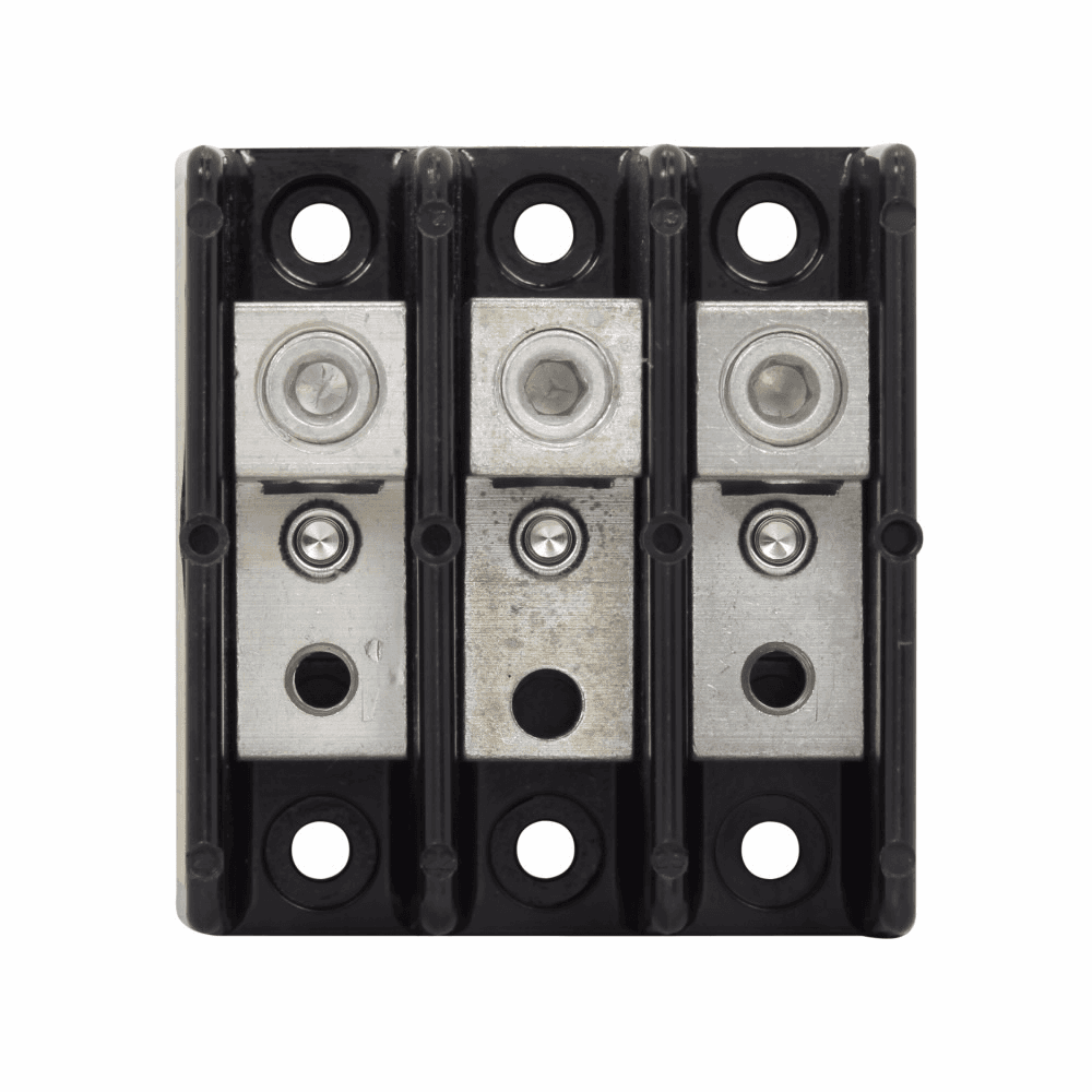 Cooper Bussmann 16281-3 16281-3 Cooper Bussmann - Eaton Bussmann series power terminal block, 600 Vac, 600 Vdc, 175A, Power terminal block, Three-pole, 1/4 In-20 TPI Tapped Hole (Load), SCCR: 200 kA, Black, Molded Thermoplastic Base, Tin-plated aluminum connector