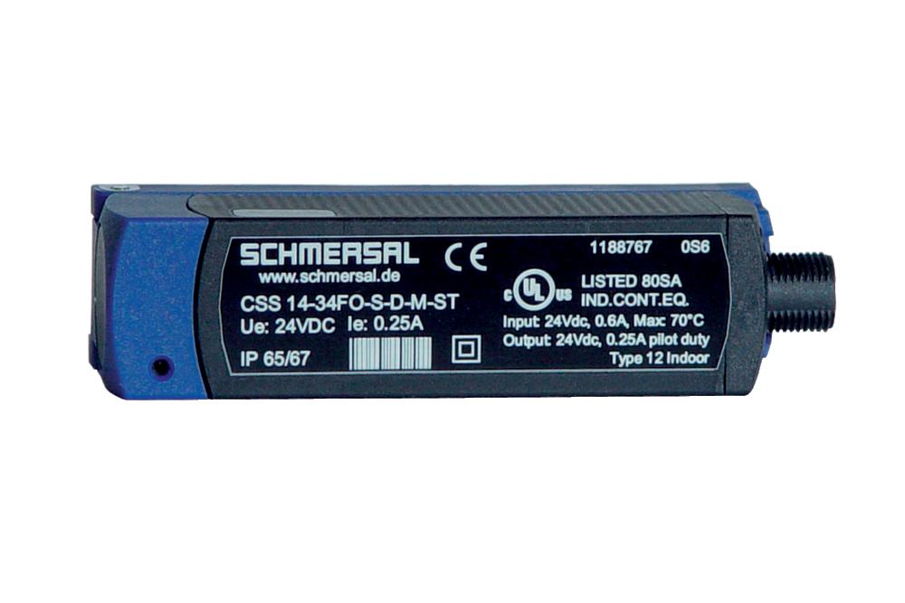 Schmersal CSS 14-34F0-S-D-M-ST Safety sensors; Electronic safety sensors; 1 x connector plug M12, 8-pole; Actuation from side; without edge monitoring of the enabling pushbutton, suitable for automatic start; To control positive-guided relay without downstream safety monitoring module;