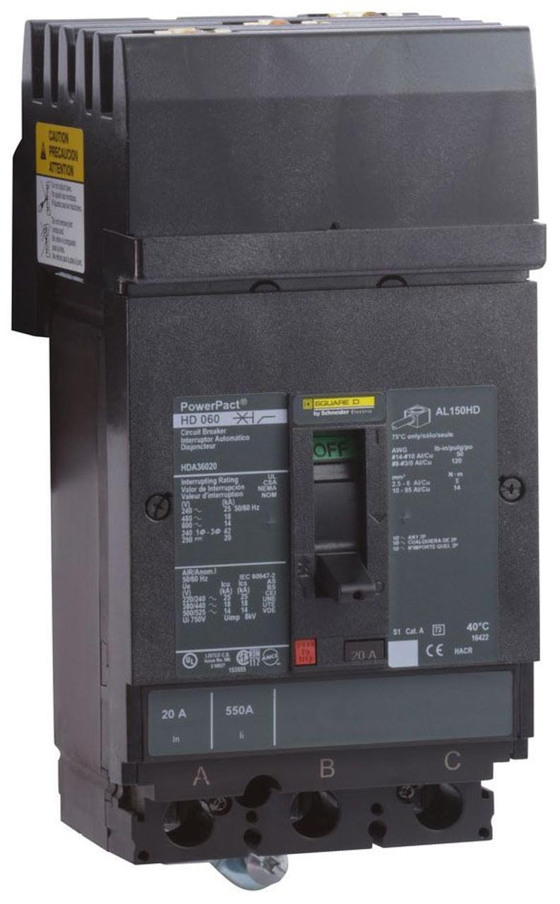 Schneider Electric HDA36020 Square D by Schneider Electric HDA36020 is a Moulded Case Circuit Breaker (MCCB) within the PowerPacT HDA sub-range, featuring a PowerPact H-Frame 150 TMD 3P 20A 600Vac/250Vdc 14kA I-line design. It is equipped with a 3-pole (3P) configuration and offers thermal protection for overload scenarios and magnetic protection against short-circuits. The rated current is 20A, with a rated insulation voltage (Ui) of 750 V and a rated voltage (AC) of 600Vac 600Y/347Vac. This MCCB is designed for I-line connection (ABC phases) and mounts on I-line with line side isolated plug-on jaws plus a mechanical I-Line bracket mechanism, ensuring a robust attachment. It has a net height of 163 mm, a net width of 104 mm, and a net depth of 86 mm. The degree of protection is IP40, and it operates manually via a toggle. Protection settings include over-current fixed at 20A, short-circuit hold current fixed at 350A, and short-circuit trip current fixed at 750A. The rated operating voltage (Ue) is 690 V, with a rated impulse voltage (Uimp) of 8 kV. The trip current rating is 20 AT, and the frame current rating is 150 AF. Its short circuit breaking rating varies with voltage, up to 25kA (240Vac; UL489) and down to 14kA (600Vac/600Y/347Vac; UL489), with a 20kA rating at 250Vdc (UL489). The trip unit type is thermal-magnetic (fixed), without a display, and it falls under utilisation category A.