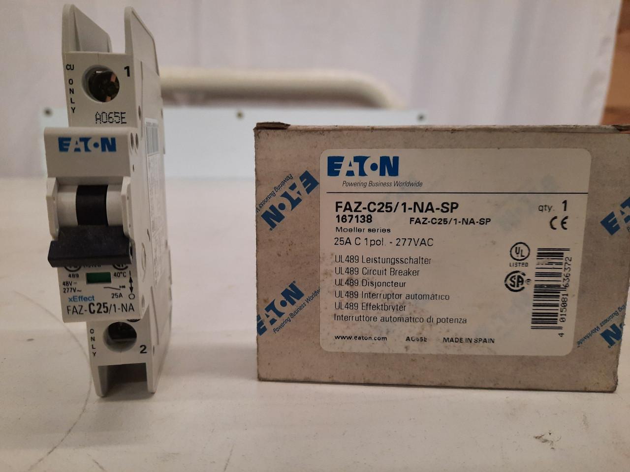 Eaton FAZ-C25/1-NA-SP Eaton FAZ branch protector,UL 489 Industrial miniature circuit breaker - supplementary protector,Single package,Medium levels of inrush current are expected,25 A,15 kAIC,Single-pole,277 V,5-10X /n,Q37,50-60 Hz,Screw terminals,C Curve