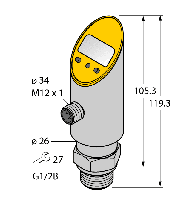 Turck PS025V-609-LI2UPN8X-H1141 Turck PS025V-609-LI2UPN8X-H1141 is a sensor designed for pressure measurement with a differential programmable pressure sensor/switch functionality. It features a set point range of 1-100% and a reset point range of 0.5-99.5%. The sensor can measure pressure in units of bar, psi, kPa, MPa, and miscellaneous others. It operates in ambient air temperatures ranging from -40°C to +80°C and has a rotatable housing design for flexible installation. The connection is facilitated by a pre-equipped 4-pin M12 Eurofast QD male connector and a G1/4" (1/4" BSPP) threaded female process port. Part of the PS500 series, it offers an IP67 degree of protection and requires a supply voltage of 18-30Vdc, with 24Vdc nominal. The sensor's body is cylindrical, and it can reach a maximum switching frequency of 180Hz. Constructed from 1.4305 (303) stainless steel for both the housing and wetted parts, it also includes a ceramics Al2O3 pressure transducer and a stainless steel pressure connection. It is capable of measuring pressure ranges from 0 to +40bar and supports the IO-Link communication protocol. The operating modes are programmable to be either Normally Open (NO) or Normally Closed (NC), and it features 2 x digital outputs (15-30Vdc; NPN/PNP). Protection functions include short-circuit (pulsed) and reverse polarity. The response time ranges from 50 to 600ms, with a set point accuracy of +/-0.5% FS and an analog accuracy of <=+/-0.5% FS. The sensor's current consumption is 50mA.