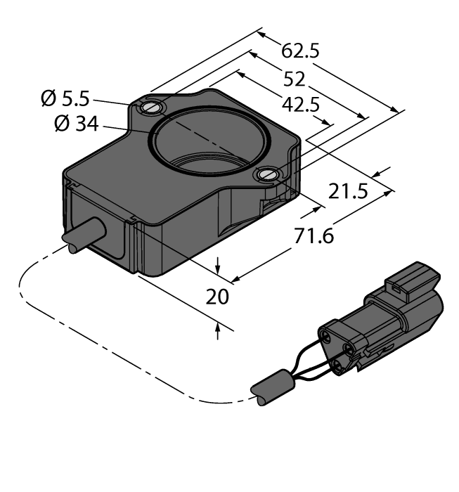 Turck RI240P1-QR20-LU4X2-0.15-DT04-3P Turck RI240P1-QR20-LU4X2-0.15-DT04-3P is a contactless rotary inductive angle sensor designed for measuring angular positions between 0° and +240°. It operates within an ambient air temperature range of -25 to +85°C and is housed in a plastic Ultem casing, measuring H63mm x W72mm x D20mm, with a 6mm bore size. This sensor is part of the Q-track QR20 series and features a blind hole shaft design that is washdown-resistant, making it suitable for harsh environments with a degree of protection rated at IP68 and IP69K. It is pre-wired with a 15cm pigtail terminated with a Deutsch DT04 connector for easy installation. The sensor operates on a supply voltage of 8Vdc to 30Vdc (12Vdc-24Vdc nominal) and offers a resolution of ≤0.09° with a 12-bit resolution. It has a frequency of 800Hz sampling rate, ensuring timely and accurate readings. The sensor includes protection functions against short-circuit and reverse polarity, and it provides one analog output (0.5Vdc-4.5Vdc). Additionally, it features a green LED for visual position indication and power status, with a current consumption of 100mA.