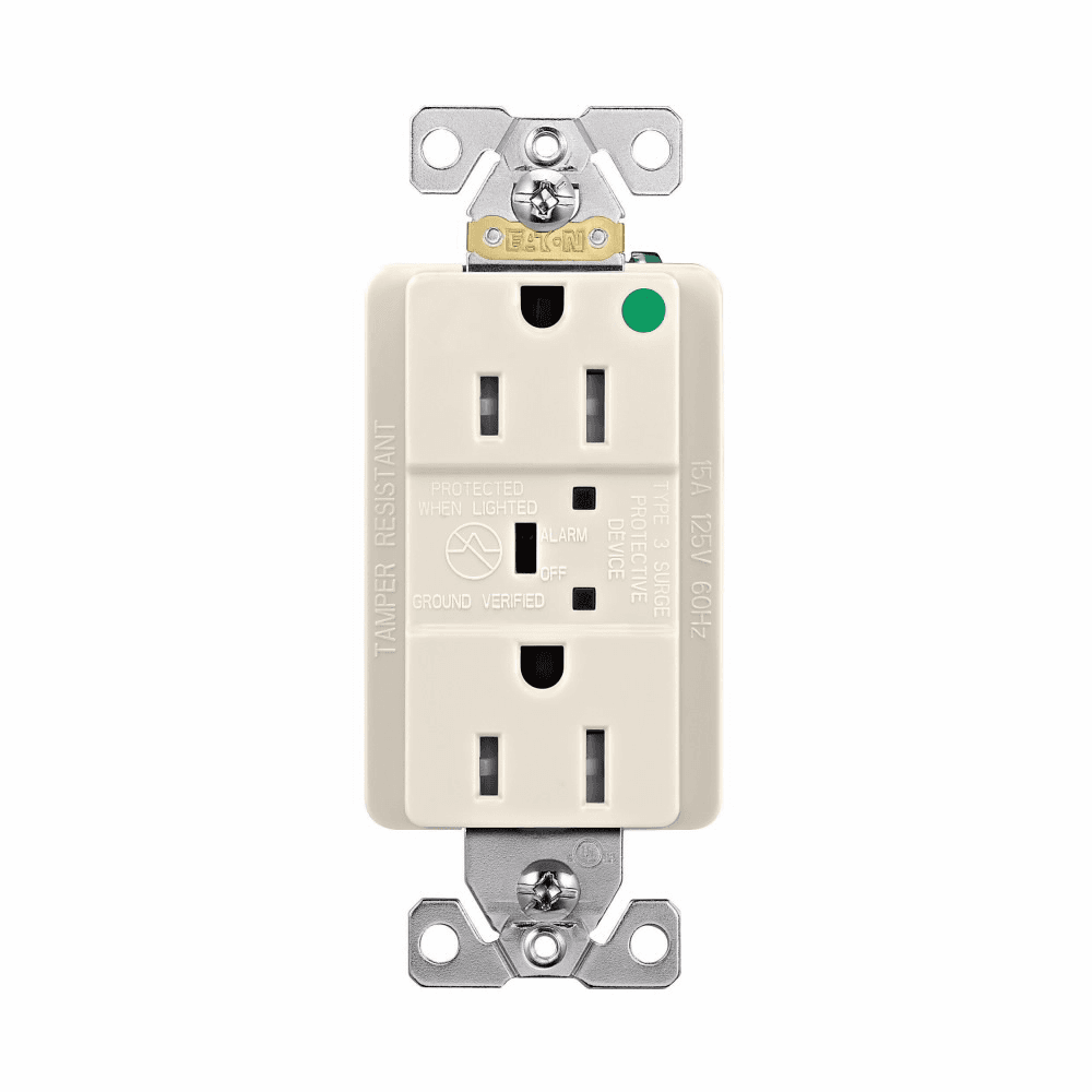 Eaton TR8262LAS TR8262LAS Eaton - Eaton TVSS receptacle, HG, LED indicat and alarm, #14 - #10 AWG, 15A, Comm specif, Wall/flush mnt, Bk and sd wire, 840J, 2 recept, -40° to 60°C, Light almond, Brs, Strght blade, Hi-impct resist thermpls/nylon, 5-15R, Dplx 756450 756450