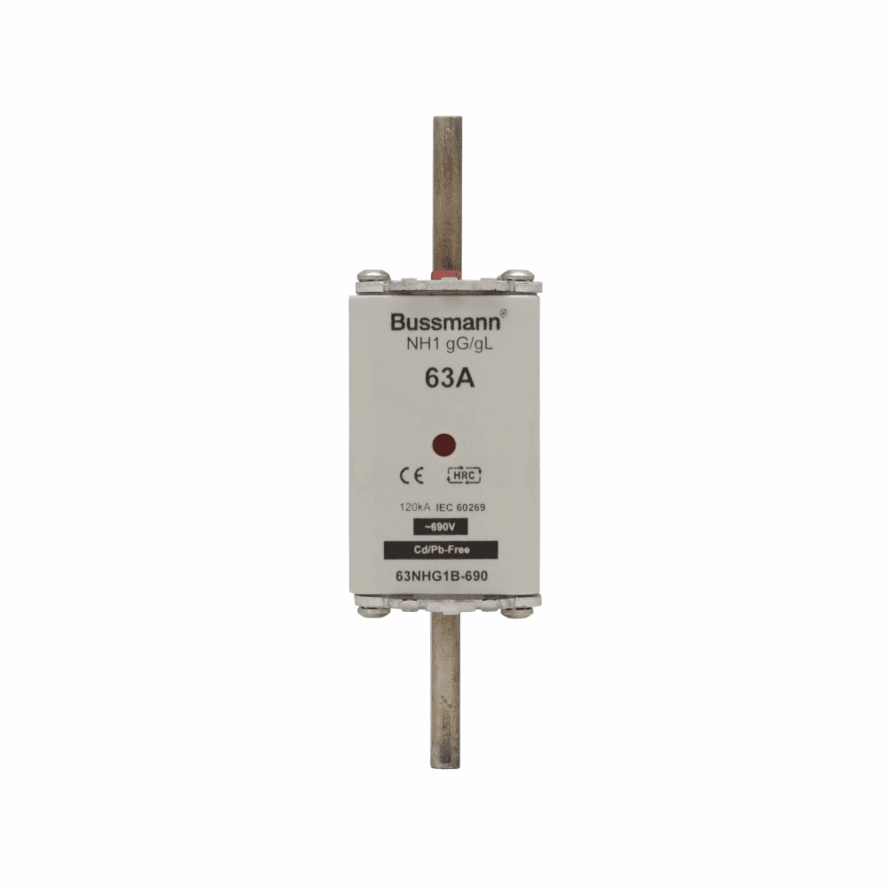 Cooper Bussmann 63NHG1B-690 63NHG1B-690 Cooper Bussmann - Eaton Bussmann series low voltage NH Fuse, Live gripping lug, 690V, 63A, 120 kAIC, Combination fuse status indicator, fuse, Blade end connection, Class C gL/gG, Square-body with knife blade contact, Ceramic body - 63NHG1B-690