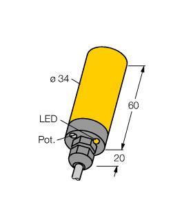 Turck BCF15-K34-AZ3X Capacitive Sensor, Rated switching distance 15 mm, Cable length (L) 2 m, Flush, Smooth barrel, Ø 34mm, Plastic, PBT‐GF30‐V0, Fine adjustment via potentiometer, Increased EMI protection (even with high frequency equipment), Suited for highly viscous media, AC 2-wire, 20…250 VAC, NO contact, Cable connection