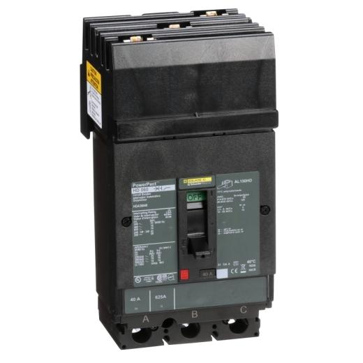Schneider Electric HDA36040 Square D by Schneider Electric HDA36040 is a Moulded Case Circuit Breaker (MCCB) within the PowerPacT HDA sub-range. It features a PowerPact H-Frame 150 TMD design, suitable for 3-pole (3P) applications with a rated current of 40A. This breaker is designed for both AC and DC circuits, with a rated insulation voltage (Ui) of 750 V, rated voltage (AC) of 600Vac 600Y/347Vac, and a rated voltage (DC) of 250Vdc. It offers thermal and magnetic protection functions to guard against overload and short-circuit conditions. The HDA36040 mounts on I-line with line side isolated plug-on jaws plus a mechanical I-Line bracket mechanism, ensuring a robust attachment. It has a net height of 163 mm, width of 104 mm, and depth of 86 mm, with a degree of protection rated at IP40. The operating mode is manual toggle, with over-current protection settings fixed at 40A and short-circuit protection settings fixed at 400A hold current and 850A trip current. The rated operating voltage (Ue) is 690 V, with a rated impulse voltage (Uimp) of 8 kV. Its frame current rating is 150 AF, and it has a short circuit breaking rating that varies depending on the voltage, up to 25kA at 240Vac according to UL489 standards. The trip unit type is thermal-magnetic (fixed), without a display, and it falls under utilisation category A.