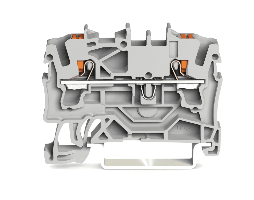 WAGO 2202-1201 Wago 2202-1201 is a feed-through terminal block designed for efficient wire connection and distribution. It features Push-in CAGE CLAMP spring connections for secure and maintenance-free wire termination. This terminal block is rated for various currents: 24A (IEC), 32A (IEC), 20A (UL), 20A (CSA), 22A (Ex e II), and 20A (Ex e II with jumper). It is a 1-deck terminal with side and center marking slots, suitable for Ex e II applications, and includes a test port. The terminal block has a net height of 8 kV for impulse voltage, a width of 5.2 mm, and is designed for a single feed-through pole (1P). It mounts on a DIN-35 rail and comes in gray with an orange actuator. The dimensions are H48.5mm x W5.2mm x D32.9mm, accommodating wire sizes from 0.25mm2 to 4mm2 or #22AWG to #12AWG, with a nominal cross-section of 2.5mm2. The terminal block is made from Polyamide (PA) 66 and supports 2-wires connection (1 push-in + 1 push-in) (1+1). It is rated for a voltage of 800 V (IEC), 600 V (UL/CSA), and 550 V (Ex e II), and is part of the TOPJOB S series.