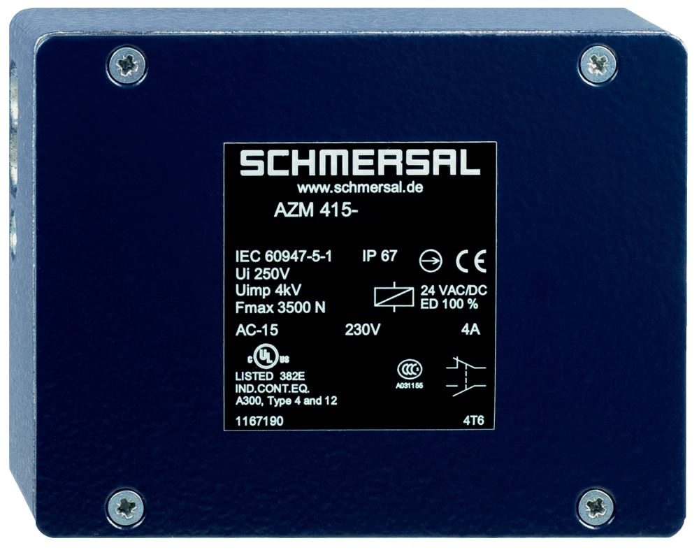 Schmersal AZM 415-02/20ZPK 24VAC/DC Solenoid interlocks; Adjustable ball latch to 400 N; 2 switches in one enclosure; Problem-free opening of stressed doors by means of bell-crank system; Ex version available; 130 mm x 100 mm x 46,5 mm; Metal enclosure; Interlock with protection against inc
