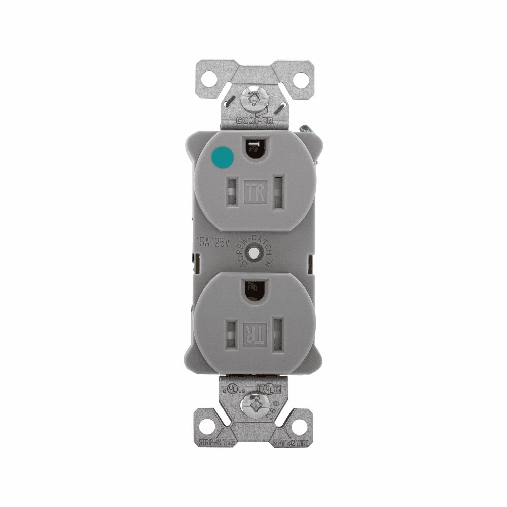 Eaton TR8200GY TR8200GY Eaton - Eaton Arrow Hart heavy-duty hospital grade duplex receptacle, #14-10 AWG, 15A, Healthcare, Flush, 125V, Back and side, Gray, Brass, Impact-resistant nylon face, PVC body, 5-15R, Duplex, Screw, Nylon, Core pack