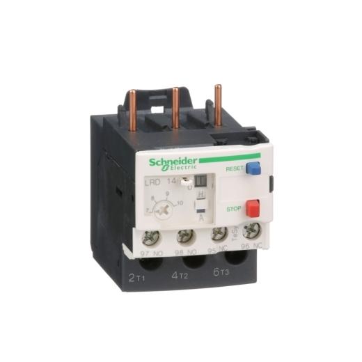 Schneider Electric LRD14 Schneider Electric LRD14, part of the LRD sub-range, is a differential thermal overload relay designed for direct connection to a contactor and features screw-clamp connections for both upstream and outgoing cables, as well as the control circuit. This 3-pole device offers protection functions classified as Class 10A, with a rated current of 7-10 A. The protection settings for thermal overload are adjustable between 7 to 10A. It includes 1 Normally Open (NO) auxiliary contact and 1 Normally Closed (NC) auxiliary contact. The rated voltage for AC phase-to-phase, applicable up to 400Hz, is 690 V. The minimum and maximum current settings are 7 A and 10 A, respectively.