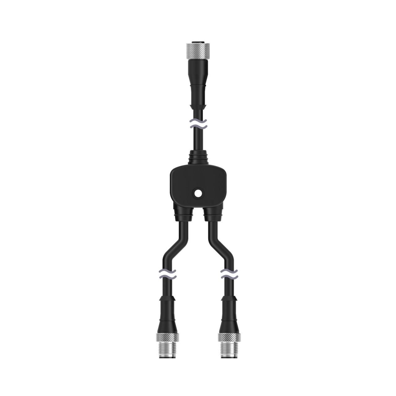 Banner CSA-M12F41M12M41 Banner Engineering CSA-M12F41M12M41 is a Y-shaped splitter cable designed for various automation applications. It features a 4-pin female Euro-style M12 quick disconnect (QD) connector on a 1ft / 30cm trunk and two 4-pin Euro-style M12 male QD connectors on 1ft / 0.3m branches 1 & 2. The splitter is constructed with a PVC cable, has a diameter of 5.5mm, and comes in a black housing. It operates within an ambient air temperature range of -40 to +105°C and offers a degree of protection rated at IP67. This part is rated for a voltage of 250Vac and 300Vdc.