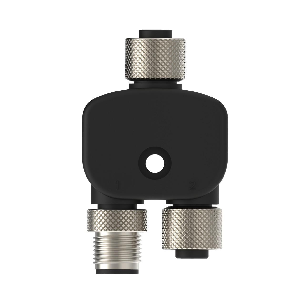 Banner CSB-M1250M1250 Banner Engineering CSB-M1250M1250 is a Y-shaped splitter connector designed for various automation applications. It features a 5-pin Euro-style M12 female quick disconnect (QD) connector on one end and splits into two branches, each with a 5-pin Euro-style M12 female connector and a 5-pin Euro-style M12 male connector, facilitating versatile connection configurations in automated systems.