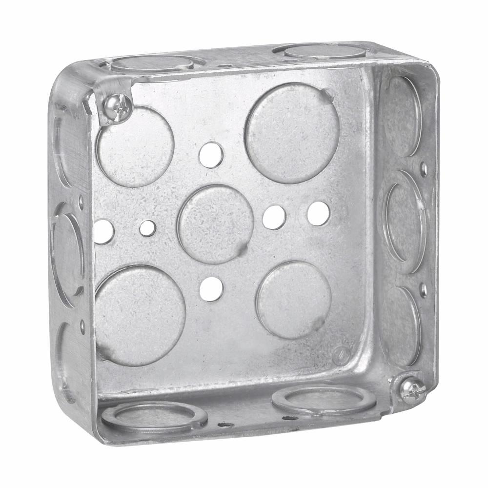 Eaton TP405 Eaton Crouse-Hinds series Square Outlet Box, (3) 1/2", (2) 3/4", 4", Conduit (no clamps), Drawn, 1-1/2", Steel, (4) 1/2", (6) 1/2", (1) 3/4" C, 22.0 cubic inch capacity