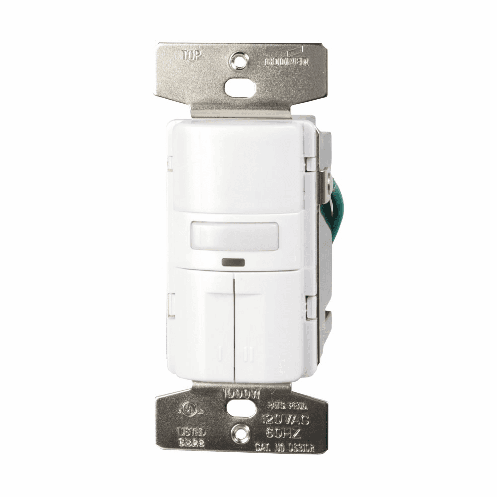 Eaton VS310R-W VS310R-W Eaton - Eaton vacancy sensor dual switch, Dual switch, with nightlight, Flush, 120V, Wire leads, Maintained closure, White, Incand, MLV, ELV, Flrsnt, CFL, LED, halo, 1-pole, 3-way, 1-phase, 1000 sq ft, Vacancy, 1000W 710599