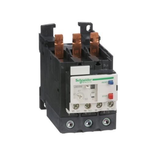 Schneider Electric LRD350 Schneider Electric LRD350, part of the LRD sub-range, is a differential thermal overload relay designed for direct connection to a contactor and features screw-clamp connections for both outgoing cables and the control circuit. This 3-pole device offers Class 10A protection functions with a rated current range of 37-50 A. It includes protection settings for thermal overload within the same range and is equipped with 1 Normally Open (NO) and 1 Normally Closed (NC) auxiliary contacts. The LRD350 is rated for a phase-to-phase voltage of up to 690 V at frequencies from 0 to 400Hz, with a minimum operating current of 37 A and a maximum of 50 A.