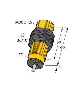 Turck BI10-S30-AN7X Inductive Sensor, Rated switching distance 10 mm, Cable length (L) 2 m, Flush, Threaded barrel, M30 x 1.5, Plastic, PA12‐GF30, DC 3-wire, 10…30 VDC, NO contact, NPN output, TTL compatible, Cable connection