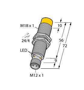 Turck NI12U-M18E-AP6X-H1141 Inductive Sensor, Rated switching distance 12 mm, Non-flush, Threaded barrel, M18 x 1, Chrome-plated brass, Factor 1 for all metals, Protection class IP68, Resistant to magnetic fields, Extended temperature range, High switching frequency, DC 3-wire, 10…30 VDC, NO contact, PNP output, M12 x 1 male connector