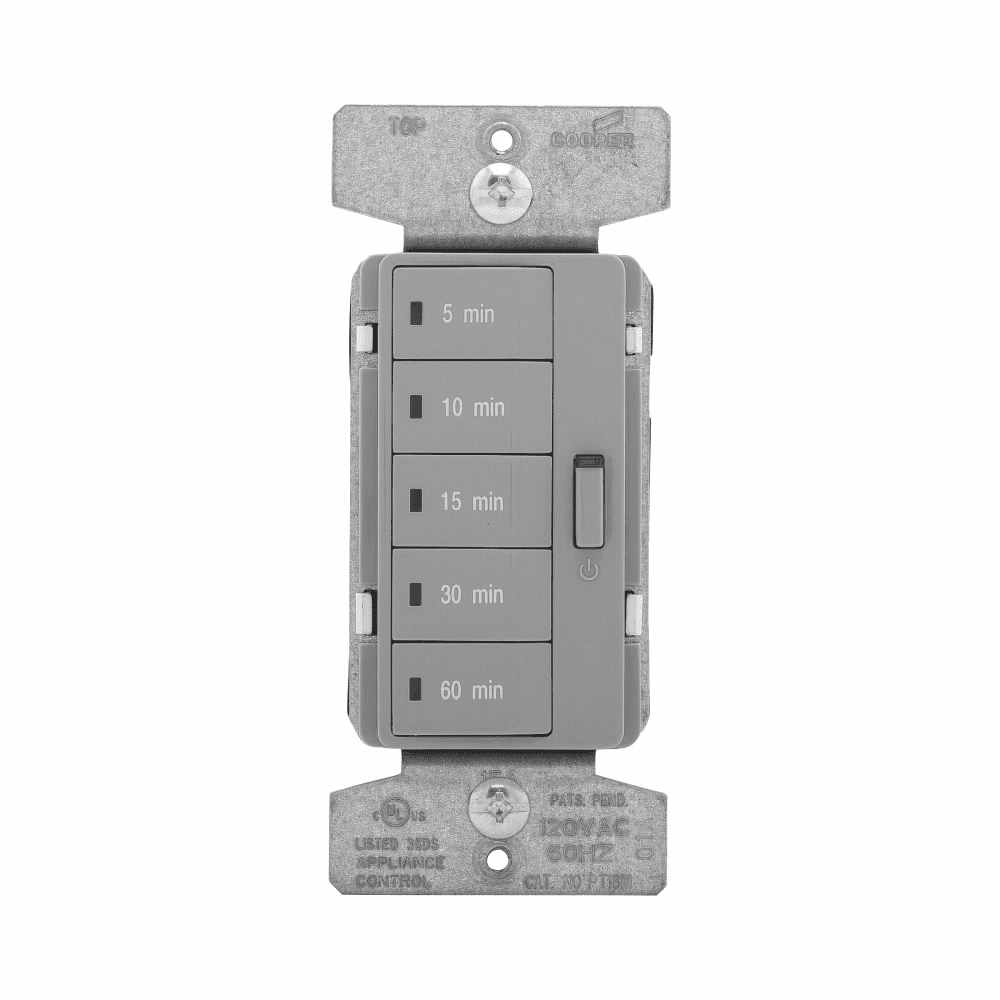 Eaton PT18M-GY PT18M-GY Eaton - Eaton Accell minute timer, 5, 10, 15, 30, and 60 minute default time settings, 15A, 120V, Wire leads, Five button, Gray, Load type: Incandescent, halogen, MLV, ELV, fluorescent, CFL, LED, Single-pole, Polycarbonate, 1800W