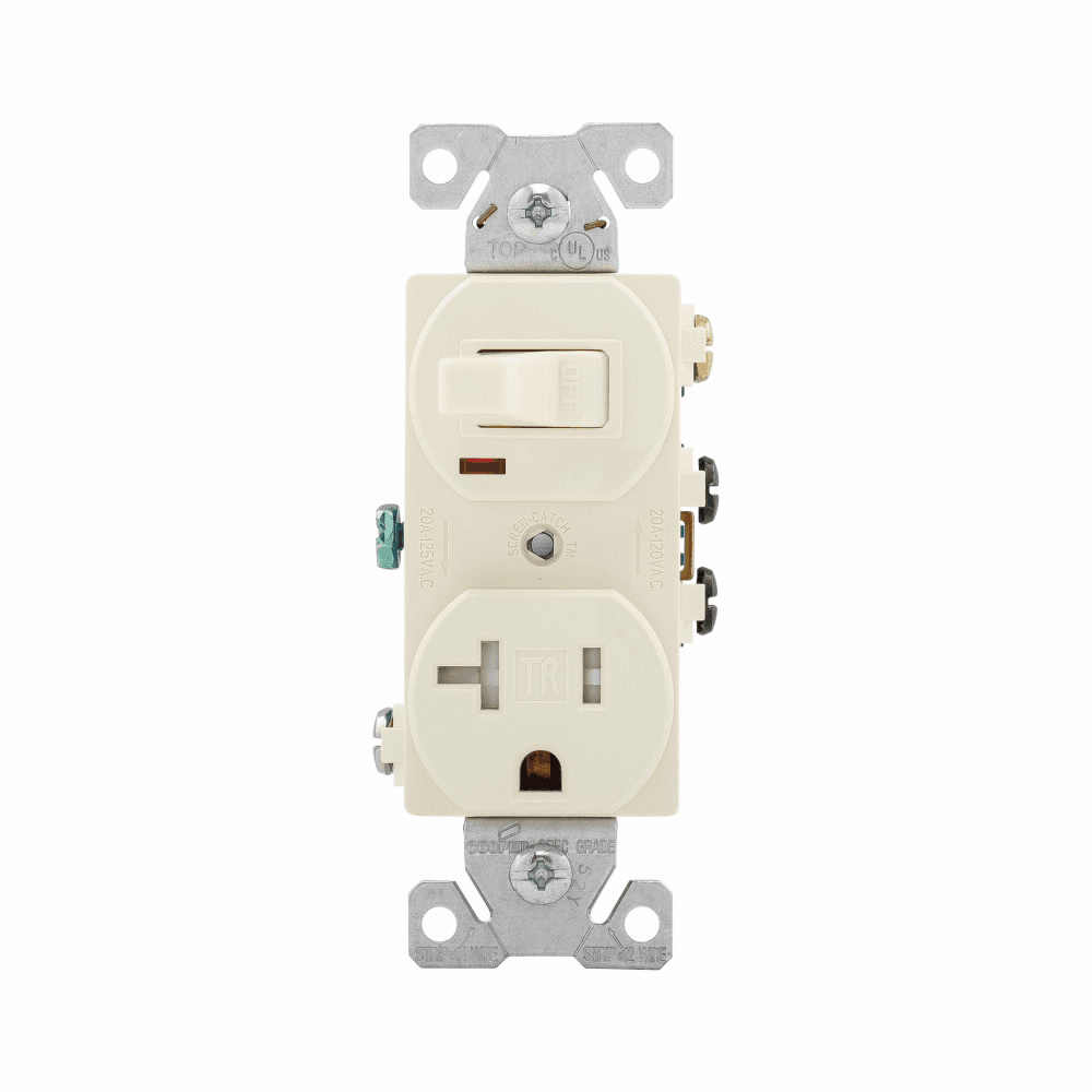 Eaton TR291A TR291A Eaton - Eaton commercial grade combination switch, tamp resist, auto-grnd, Stand, #14 - #12 AWG, 20A, 20A recept, Commer, 120V switch, 125V recept, bk and sd wiring, togg, Maint closure, Screw, Brass, almd, 5-15R, -20-60C, dplx, thermoplas, PVC