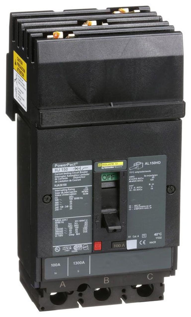 Schneider Electric HJA36100 Square D by Schneider Electric HJA36100 is a Moulded Case Circuit Breaker (MCCB) within the PowerPacT HJA sub-range, featuring a PowerPact H-Frame 150 TMD design. It is a 3-pole (3P) device with a rated current of 100A and offers thermal protection for overload and magnetic protection for short-circuit scenarios. The breaker operates with a rated insulation voltage (Ui) of 750 V, a rated voltage (AC) of 600Vac 600Y/347Vac, and a rated voltage (DC) of 250Vdc. It is designed for I-line connection (ABC phases) and mounts on I-line with line side isolated plug-on jaws plus a mechanical I-Line bracket mechanism. The device has a net height of 163 mm, a net width of 104 mm, and a net depth of 86 mm, with a degree of protection of IP40. Its operating mode is manual toggle, and it features fixed protection settings for over-current at 100A, short-circuit hold current at 900A, and short-circuit trip current at 1700A. The rated operating voltage (Ue) is 690 V, with a rated impulse voltage (Uimp) of 8 kV. The trip current rating is 100 AT, with a frame current rating of 150 AF. Its short circuit breaking rating varies with voltage, including 100kA at 240Vac, 65kA at 480Vac and 480Y/277Vac, 25kA at 600Vac and 600Y/347Vac, and 20kA at 250Vdc, all according to UL489 standards. The trip unit type is thermal-magnetic (fixed) without a display, and it falls under utilisation category A.
