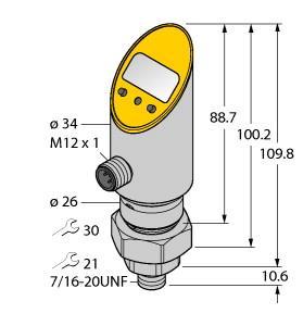 Turck PS250R-505-LI2UPN8X-H1141 Pressure Transmitter (Rotatable), With Analog Output and PNP/NPN Transistor Switching Output, Output 2 Reprogrammable as Switching Output, , Housing is rotatable after plugging the process connection, Reading of adjusted values without tool, Recessed pushbutton and keylock for secure programming, Permanent indication of pressure (bar, psi, kPa, MPa, misc), Peak pressure memory, Pressure range 0…250 bar rel.