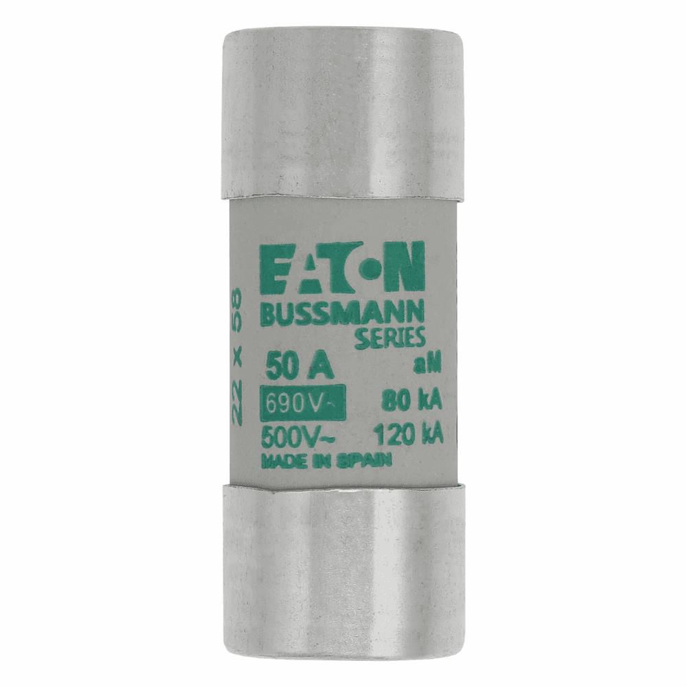 Cooper Bussmann C22M50 C22M50 Cooper Bussmann - Eaton Bussmann series low voltage 22 x 58 mm cylindrical/ferrule fuse, rated at 690 Volts AC, 50 Amps, 80 kA Breaking capacity, class aM, without indicator, compatible with a CH22 Modular fuse holder