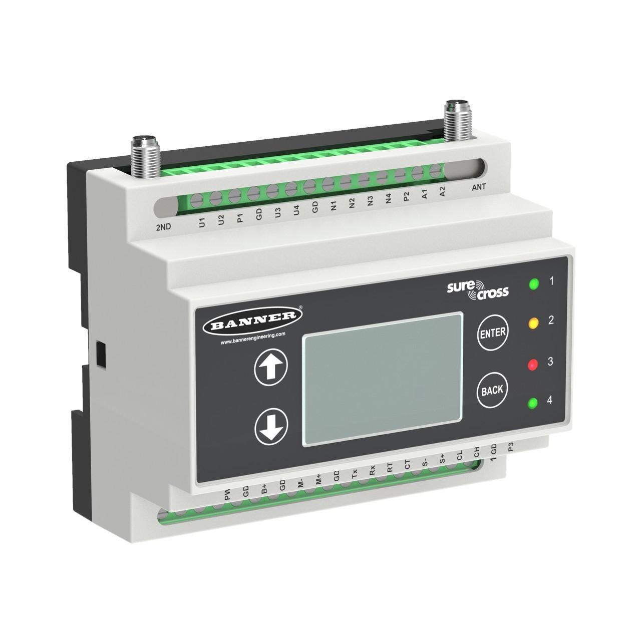 Banner DXM1000-B2R2 Banner Engineering DXM1000-B2R2 is a remote I/O controller designed for DIN rail mounting with a polycarbonate housing. It operates within an ambient air temperature range of -20 to +60°C and offers 2 analog outputs (0-10Vdc), ensuring compatibility with various sensors and actuators. This model provides a degree of protection rated at IP20 and has dimensions of H59.5mm x W104mm x D94.6mm. It features 4 digital outputs (12Vdc-30Vdc; NMOS; 1A) and 4 digital inputs (12-30Vdc; Sink/Source/Counter) that can also function as 4 analog inputs (4-20mA / 0-10Vdc / 10kΩ thermistor). The DXM1000-B2R2 supports a 900 MHz transmission frequency with a maximum transmission distance of 9.6km at nominal emission power. It is equipped with SDI-12 data collection, a 300MHz processing speed for high I/O count applications, FHSS technology, and an M7 processor. Connection types include an RJ45 connector for Ethernet and an RP-SMA connector. The supply voltage ranges from 12-30Vdc (12Vdc-24Vdc nom.), and it supports multiple communication protocols including RS-485, RS-232, Modbus RTU, Modbus TCP, Ethernet/IP, and PROFINET. Memory capacity is 16MB on-board with an additional 8GB available through an SD card.