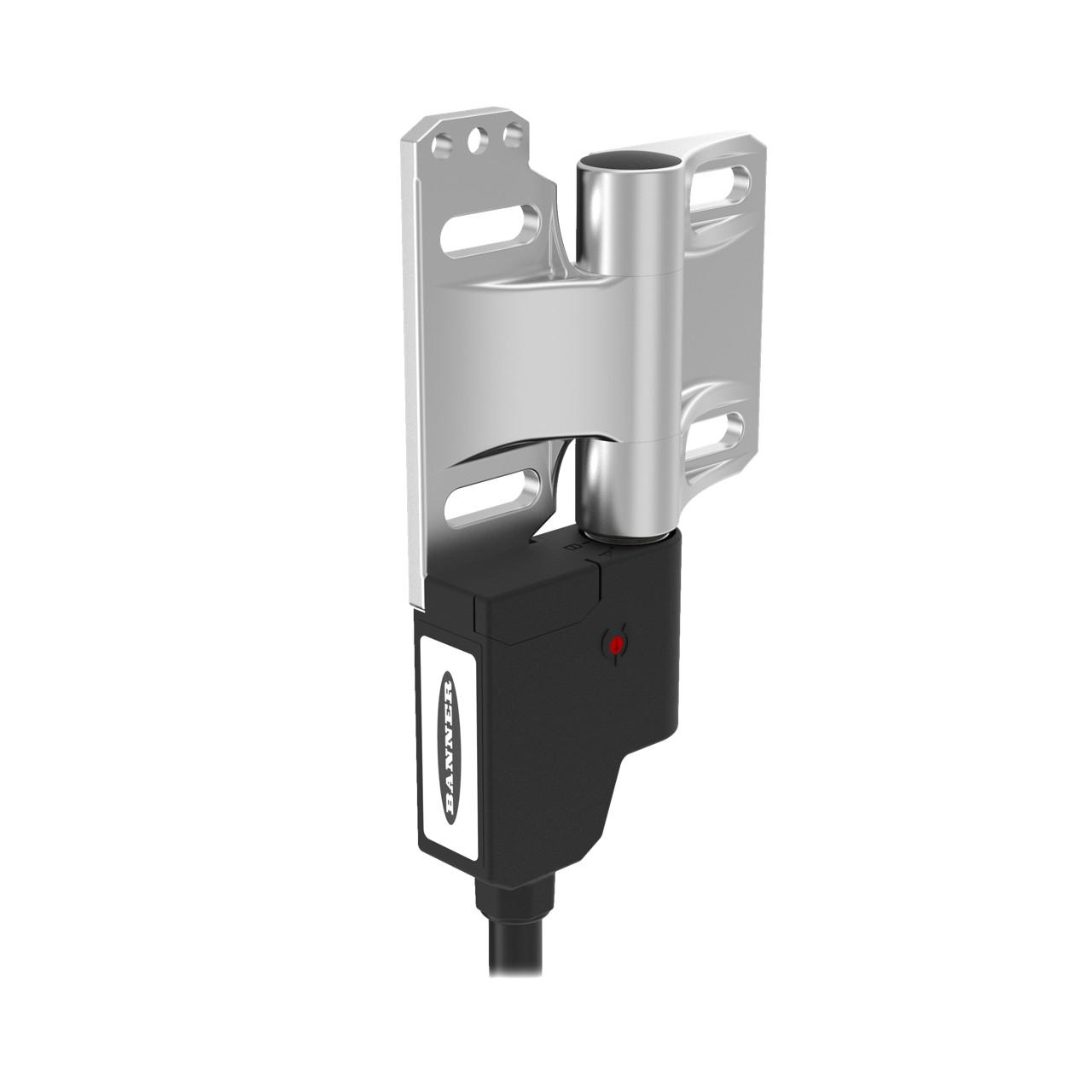 Banner SI-HG63F5ML-W Banner Engineering SI-HG63F5ML-W is a door switch from the SI-HG63 series, designed as a 270° hinge motion switch for left-side mounting with a washdown rating. This safety interlock switch hinge features a thermoplastic housing and a stainless steel hinge, ensuring durability. It comes pre-wired with a 5m cable that terminates with bare end flying leads for easy installation. The switch includes 1NO+2NC contacts for versatile connectivity options. It operates within an ambient air temperature range of -25 to +70 °C and offers a high degree of protection with an IP69K rating. The switch also includes 1 Normally Open (NO) auxiliary contact and 2 Normally Closed (NC) auxiliary contacts for additional functionality.