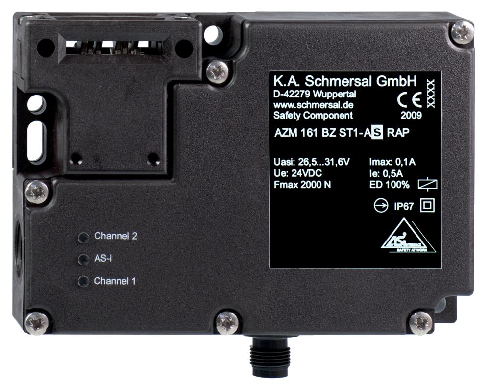 Schmersal AZM 161 Z ST1-AS RAP AS interface safety at work; Safety switchgear; Solenoid supply 24 VDC (Aux); Guard locking monitored; Manual release; Solenoid interlock; Thermoplastic enclosure; High holding force 2000; 130 mm x 90 mm x 30 mm; Interlock with protection against incorrec